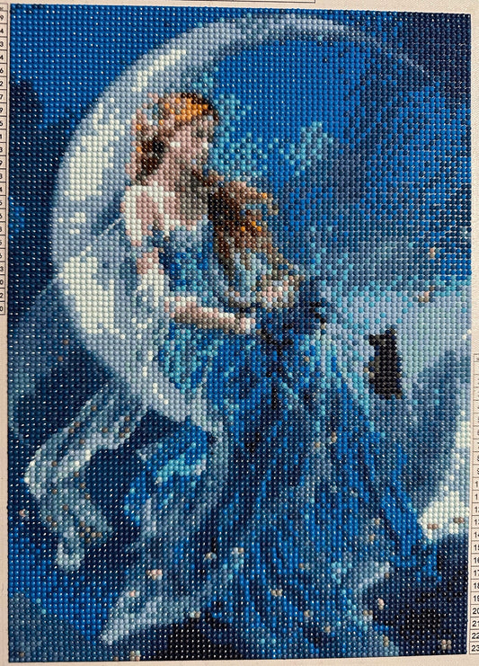 Blue Fairy Sitting on a Crescent Moon - Diamond Art